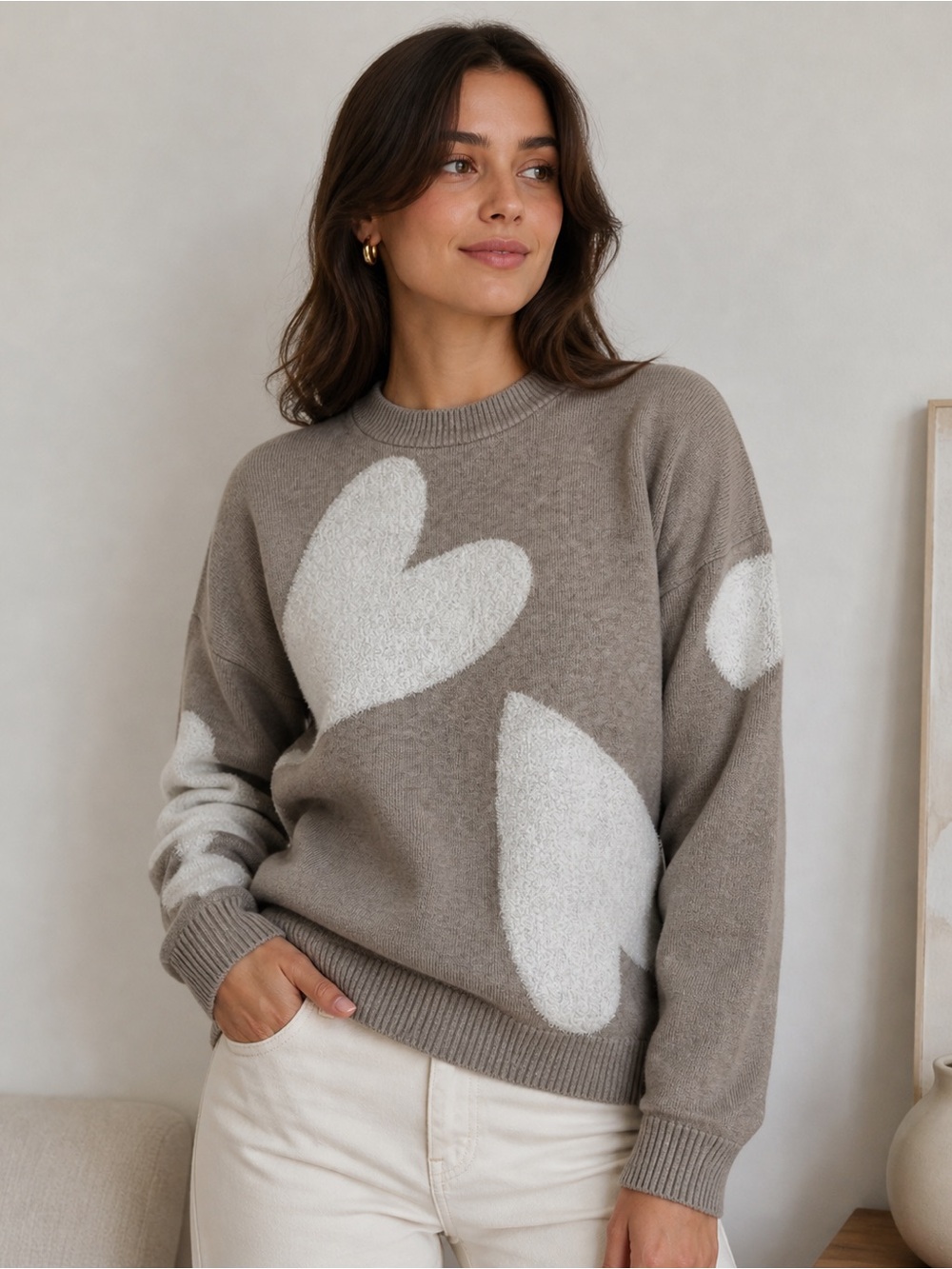 Cynthia Rowley Taupe and Cream Heart-Pattern Crewneck Sweater